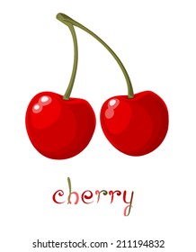 Red Cherry. Illustration of brunch fresh ripe cherry. A couple of red berries. Clip art with title. Isolated on white. Vector file is EPS8, all elements are grouped.