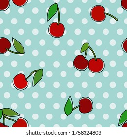 Ilustración de cerezo rojo sobre los puntos de polka azul cielo sin fisuras