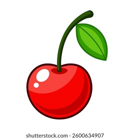 Red cherry isolated on white background. Cartoon style. Vector illustration.