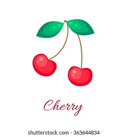 Red cherry isolated vector icon. Cherry red fruit on branch with leaf. Merry juice or jam branding concept.