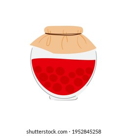 Red cherry jam in a jar. The concept of celebrating Maslenitsa. Vector stock hand-drawn illustration isolated on a white background.