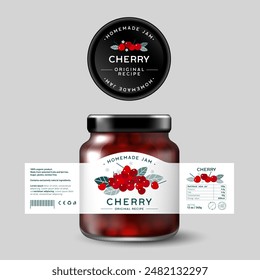 Red Cherry Jam. Sweet food. Design of label with flat illustration and texts. Mock up of Glass Jar with Label.