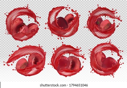 Red cherry juice. Collection fresh cherry in juice splashing. Sweet cocktail. 3D realistic cherry.Cherry are whole and cut in half. Detailed vector Illustration