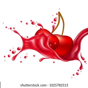 Red cherry juice splash realistic vector. 3d berry fruit liquid, summer tropical vacation drink symbol Fresh vitamin sweet liquid flowing in motion, isolated background illustration