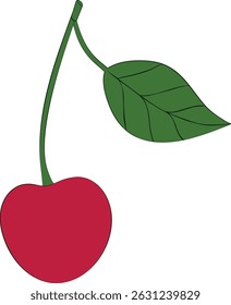 Cereja vermelha com folha. Cereja desenhada à mão. Ilustração vetorial isolada em estilo plano.
