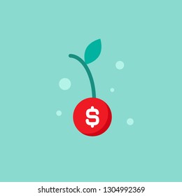 red cherry with leaf and white dollar sign. vector icon. Income growth, financial result, bonus, offer, coupon flat icon. Isolated on blue. Economy, finance, money symbol. 