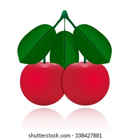 Red cherry with leaves isolated on a white background.