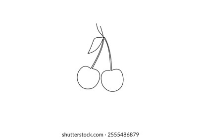 Red cherry with leaves vector illustration, one continious line design element, Cherry fruits in continious one line art drawing, Abstract shaped cherry. single line cherry icon.
