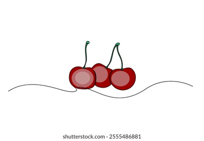 Red cherry with leaves vector illustration, one continious line design element, Cherry fruits in continious one line art drawing, Abstract shaped cherry. single line cherry icon.