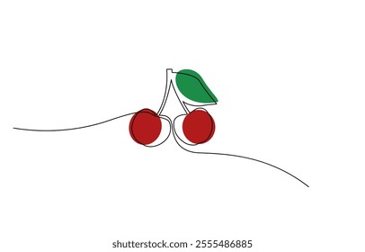 Red cherry with leaves vector illustration, one continious line design element, Cherry fruits in continious one line art drawing, Abstract shaped cherry. single line cherry icon.