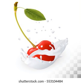Red cherry in a milk splash on a transparent background. Vector.