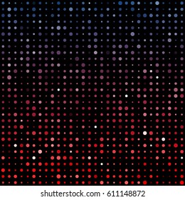 Red, cherry music lights on black backdrop. Multiple luminous circles arranged in lines. Vector abstract colorful background in disco style. Party, festival banner pattern graphic design.