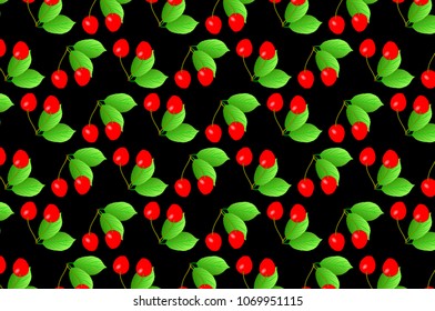 Red cherry on black background - vector pattern