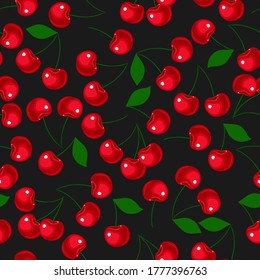 red cherry on black background. Seamless pattern. Texture for fabric, wrapping, wallpaper. Decorative print.
