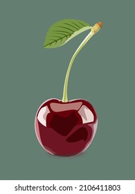 Red cherry on a green branch with a leaf.