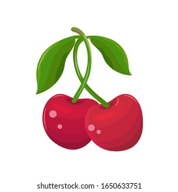Red cherry on a white background. Two cherries on a branch with leaves. Juicy maroon berry. Sweet fruit cartoon. Hand drawn vector flat illustration.