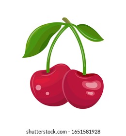 Red cherry on a white background. Two cherries on a branch with leaves. Juicy maroon berry. Sweet fruit cartoon. Hand drawn vector flat illustration.