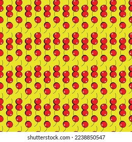 Cereza roja sobre fondo amarillo en un patrón sin costuras, ilustración vectorial.