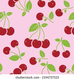 Red cherry pattern on pink background. Food texture. Vector illustration seamless pattern design