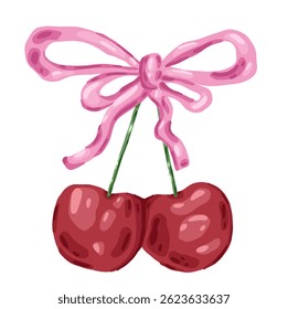Red cherry with pink bow and ribbon in vintage coquette style