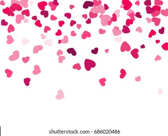 Red, cherry and pink flying hearts vector pattern. Background illustration with love symbols confetti for wedding invitation card, Valentine's day banner. Romantic feelings, relationships concept.
