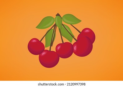 Afiche de cerezas rojas. Una rama de bayas maduras con hojas sobre un fondo naranja. Delicioso, dulce y jugoso fruta de primer orden. Arte contemporáneo para la decoración. Cinco cerezas en una rama juntas. Vector 