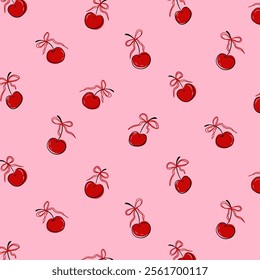 Red cherry ribbon coquette seamless pattern. Trendy print with cherries and bows, valentine's day background for wrapping paper, textile, wallpaper. Vector texture.