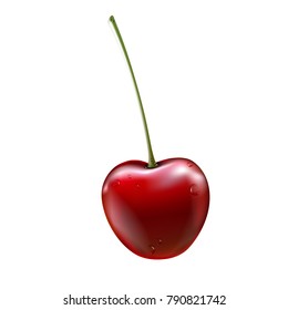 Red cherry. Ripe berries with stalk. Realistic vector illustration with transparent shadows isolated on plaid background. Sweet fruits. 3d vector.