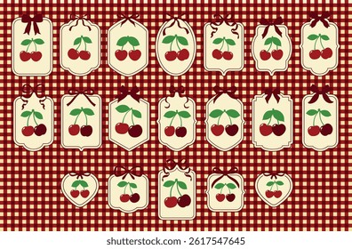 Red cherry with scarlet gift bow coquette. Vector Illustration of vintage bows and tasty rose cherries. Cute trendy stickers. Pretty ribbons set. Trendy cozy decoration. Maroon berries. Checkered set