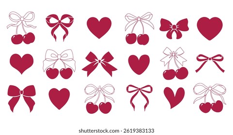 Red cherry with scarlet gift bow coquette. Vector Illustration set of vintage bows, hearts, tasty rose cherries. Cute trendy stickers. Pretty ribbons set. Trendy cozy decoration. Maroon berries