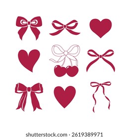 Red cherry with scarlet gift bow coquette. Vector Illustration set of vintage bows, hearts, tasty rose cherries. Cute trendy stickers. Pretty ribbons set. Trendy cozy decoration. Maroon berries