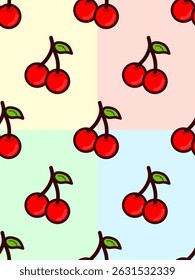 Ilustración de patrón sin fisuras de cereza roja sobre fondo de elección pastel. Frutas sexy y lindas con Stoke negro para la decoración adorable Postal Papelería Cubierta de libro Bordado Pijamas Fondo de pantalla Comida Bev