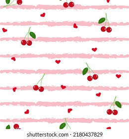 Red Cherry Seamless Pattern. Love Fruit Pink Stripes Background. Good For Banner, Fabric, Dress, Textile, Wallpaper, Etc.