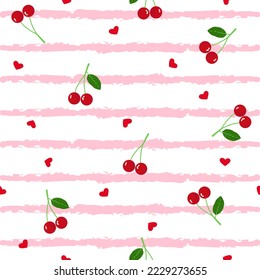 red cherry seamless pattern. love heart and pink stripes background. good for fabric, fashion, wallpaper, summer dress, textile.