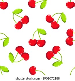 Red cherry seamless pattern on white background vector for cards, banners, wrapping paper, posters, scrapbooking, pillow, cups and kitchen fabric design. 