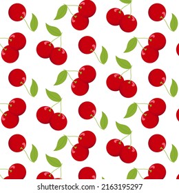 Red cherry seamless pattern on white background for wallpapers, postcards, wrapping paper, posters, and kitchen cloth design. Vector illustration.