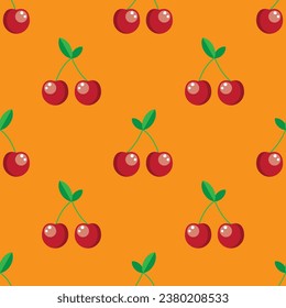 Red cherry seamless pattern on colorful background. Vector illustration.