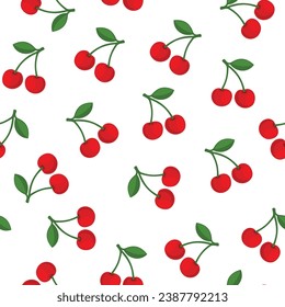 Red Cherry Seamless Pattern. White Background. Vector