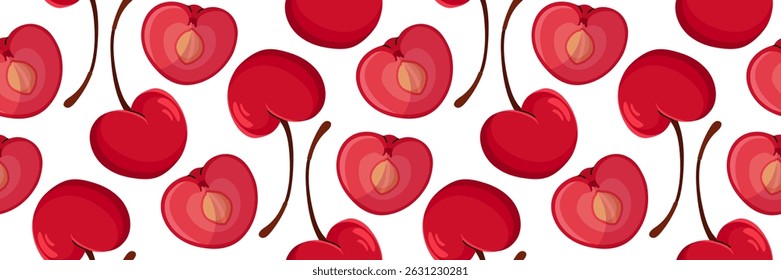 Red cherry Seamless pattern. Whole and one sliced in half showing pit. Spring garden background. Perfect for textile, menu, packaging, kitchen design. Cartoon vector illustration.
