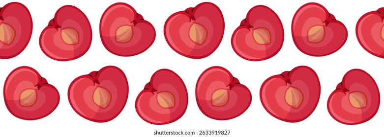 Red cherry Padrão sem emenda. Inteiro e um fatiado ao meio mostrando poço. Fundo do jardim da primavera. Perfeito para design têxtil, menu, embalagem, cozinha. Ilustração de vetor de desenhos animados.