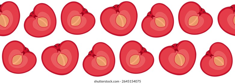 Red cherry Padrão sem emenda. Inteiro e um fatiado ao meio mostrando poço. Fundo do jardim da primavera. Perfeito para design têxtil, menu, embalagem, cozinha. Ilustração plana vetorial.
