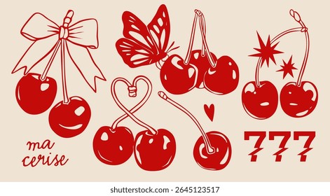 Red Cherry set. Cherries on stem, with bow ribbon, butterfly. Double, triple cherries. Symbol of luck. Hand drawn trendy Vector illustration. Isolated design elements. Icon, print, sticker templates
