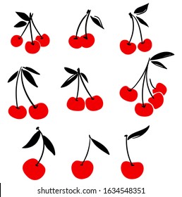 Red Cherry set on a white background. Cherry isolated on a white background. Hand drawn berry element for design. Trend vector illustration.