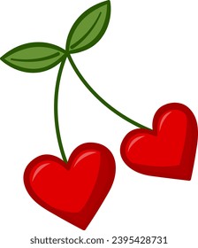 ​Sprig of Red Cherry in the Shape of Hearts. Symbol of Love. Vector Illustration for Valentines Day