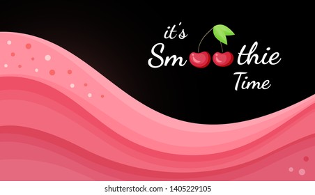Red cherry smoothie vitamin drink vector illustration. Tasty natural berry, colorful wavy layers of smoothies cocktail or ice cream, smoothie logo for fast food menu design or season promotinal banner