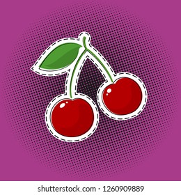 Red Cherry Sticker on Purple Pop Art Halftone Background, Black Dots in the Form of a Circle , Pins or Patches, Retro Style, Vector Illustration