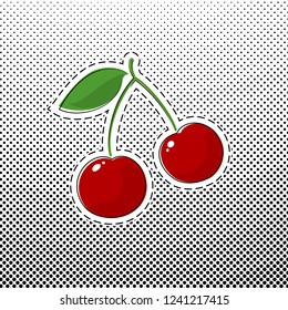 Red Cherry Sticker on White Background with Black Dots, Pop Art Halftone Background, Gradient Down Up, Pins or Patches, Retro Style, Vector Illustration