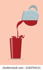 zumo de tomate de cereza roja vierte de un descongelador a un vaso transparente