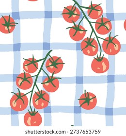 Red cherry tomatoes, blue gingham, white background. Vector illustration. Seamless pattern. Summer trendy design. Vegetable garden