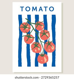 Red cherry tomatoes, blue stripes, white background. Print for t shirt, poster, text Tomato. Vector illustration. Italian summer coast design. Vegetable garden
